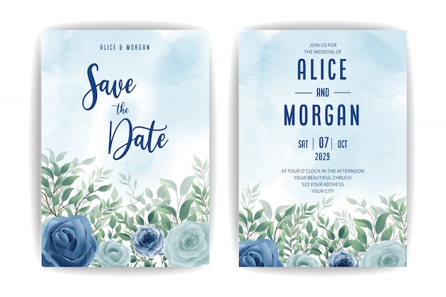 Vector elegant blue floral watercolor wedding invitation design