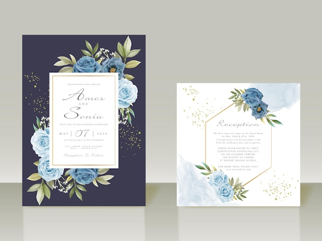 Elegant blue flowers wedding invitation card