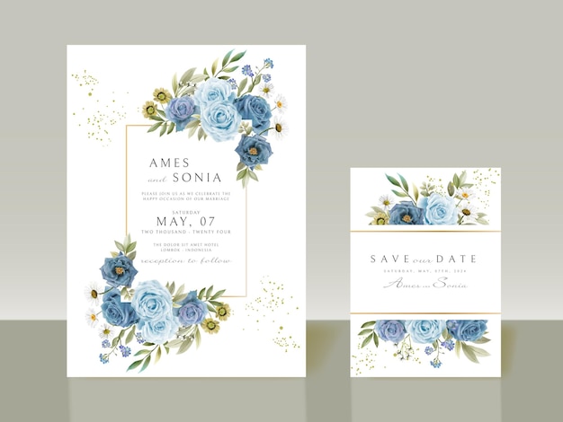 Elegant blue flowers wedding invitation card