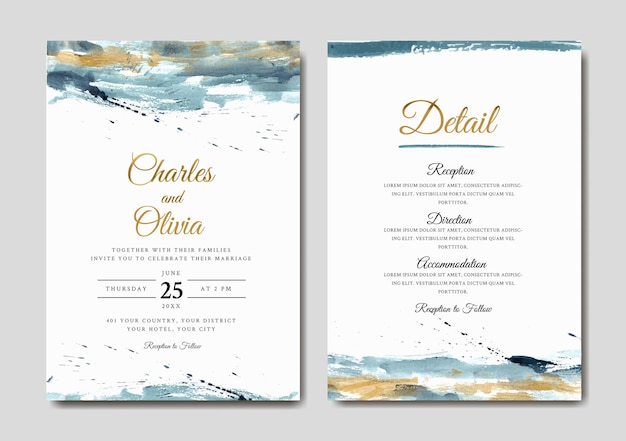 Elegant blue and gold abstract watercolor wedding invitation template