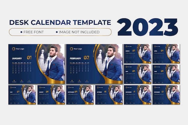 Вектор Элегантный шаблон календаря из синего золота на 2023 год