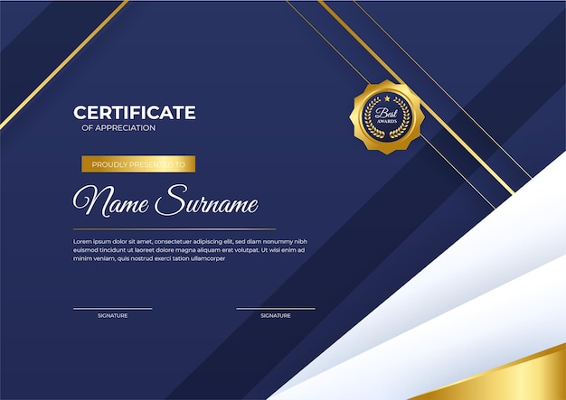 Vector elegant blue and gold diploma certificate template with gold badge and border