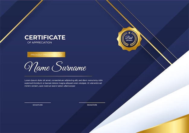 Elegant blue and gold diploma certificate template with gold badge and border