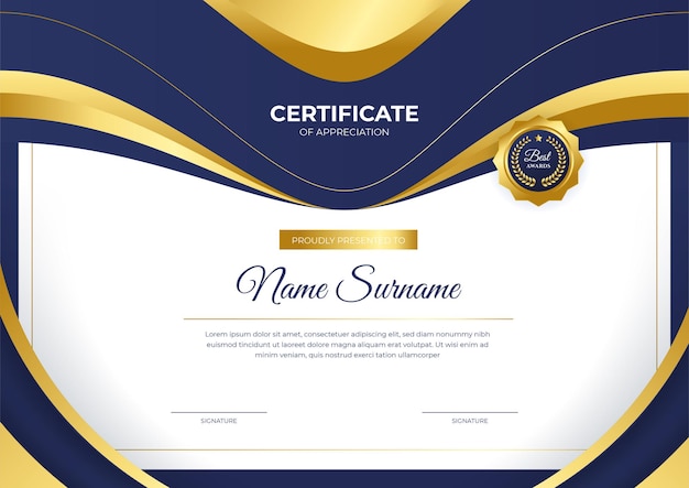 Elegante modello di certificato di diploma blu e oro con badge e bordo dorati