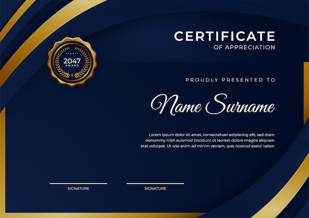 Elegant blue and gold diploma certificate template with gold badge and border