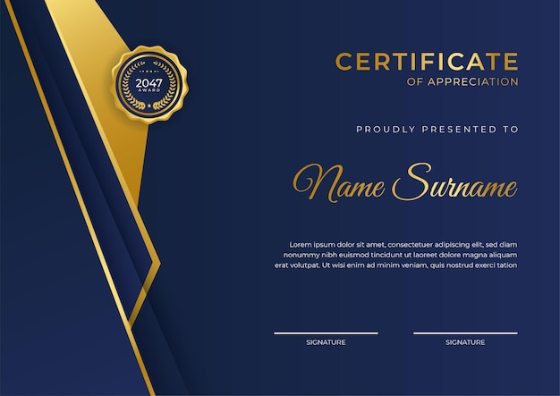 Elegante modello di certificato di diploma blu e oro con badge e bordo dorati