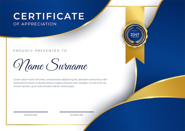 Elegant blue and gold diploma certificate template with gold badge and border