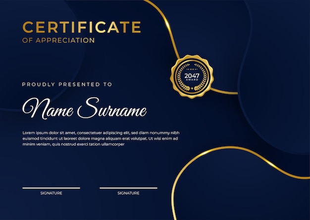 Elegant blue and gold diploma certificate template with gold badge and border