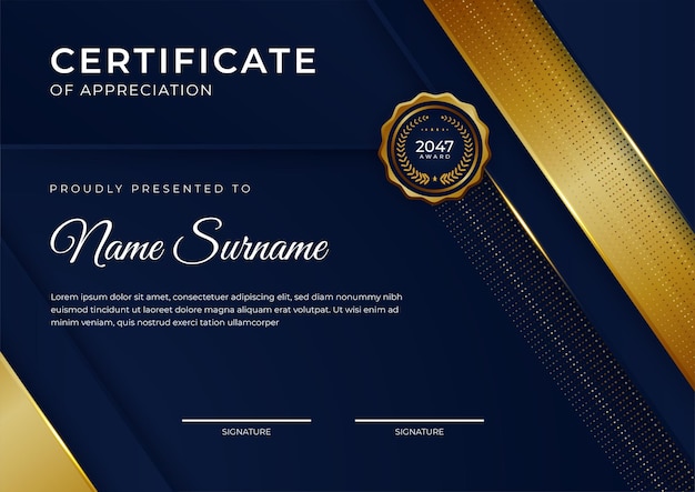 elegant blue and gold diploma certificate template with gold badge and border