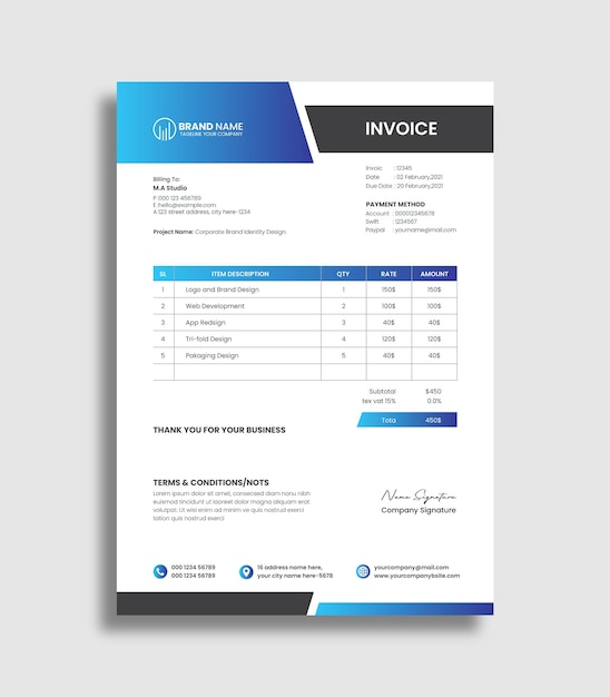 Elegant blue gray vector invoice template design