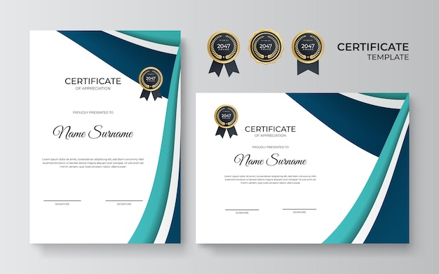 Elegant blue green and gold diploma certificate template