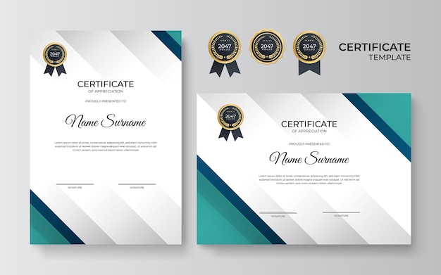 Elegante modello di certificato di diploma blu verde e oro