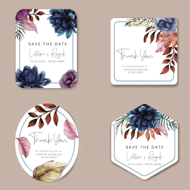elegant blue navy watercolor floral label collection template
