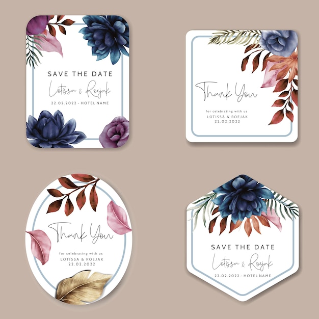 Vector elegant blue navy watercolor floral label collection template