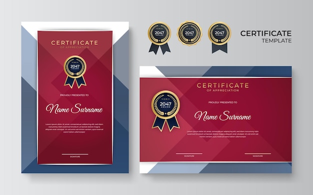 Elegante modello di certificato di diploma blu rosso e oro