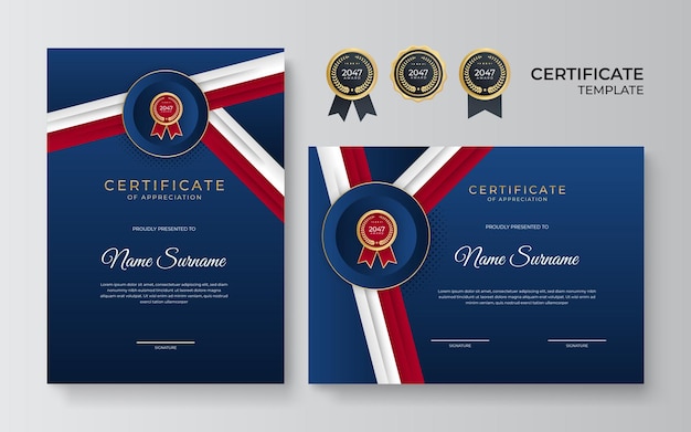 Elegante modello di certificato di diploma blu rosso e oro