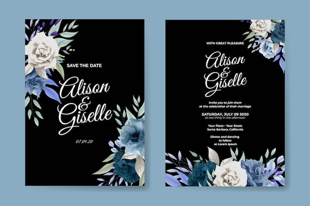 エレガントな青いバラの結婚式の招待カード