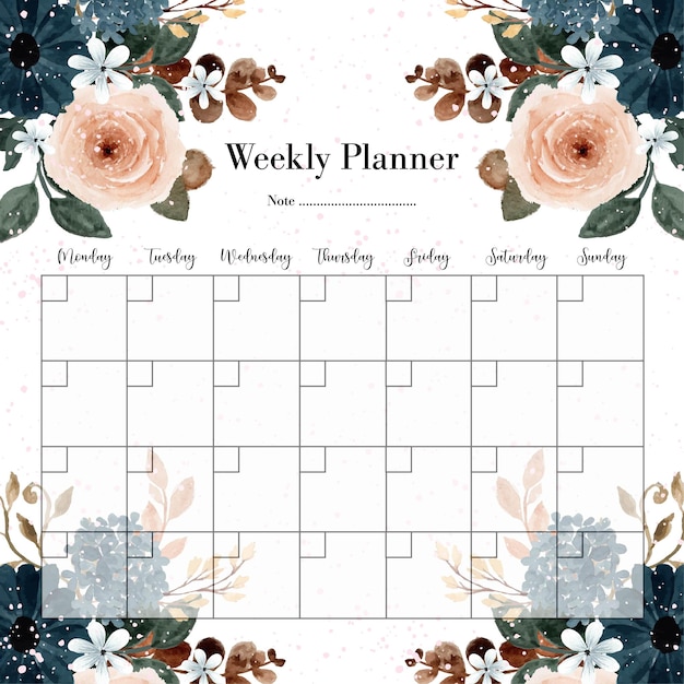 Vector elegant blue watercolor floral weekly planner