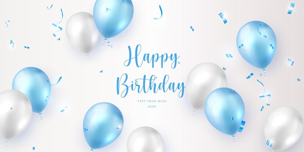 Elegante palloncino bianco blu e nastro appropriato per feste buon compleanno celebrazione carta banner modello sfondo