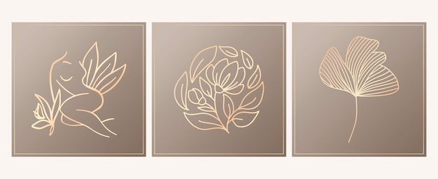 Elegant bohemian emblems line art esoteric symbols with female figure and flowers for magic logo and cosmetic packaging