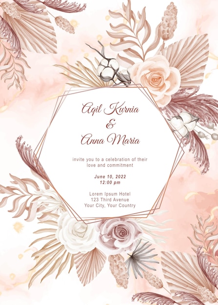 elegant boho engagement rose watercolor wedding invitation template