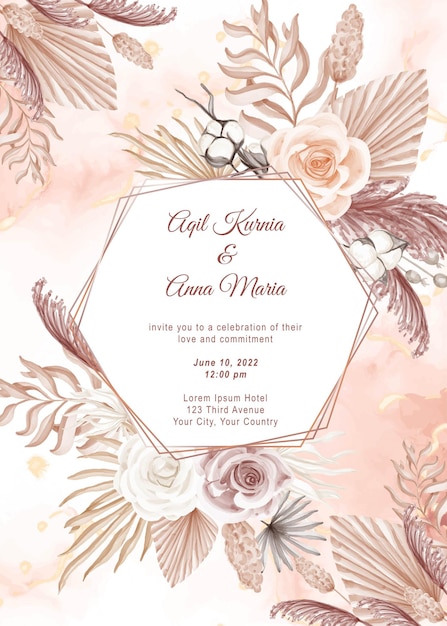 Vector elegant boho engagement rose watercolor wedding invitation template