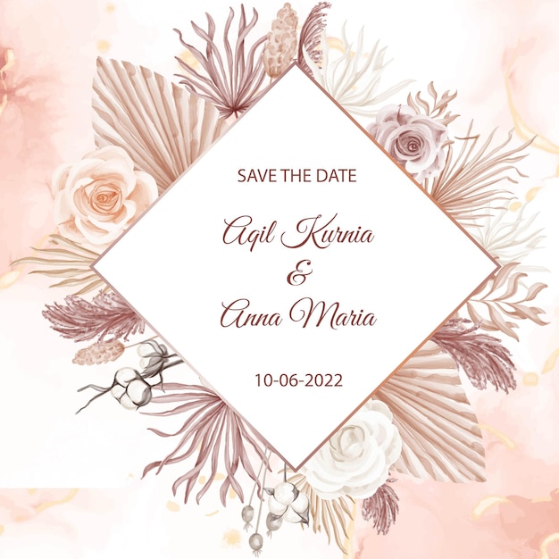 Vector elegant boho engagement rose watercolor wedding invitation template