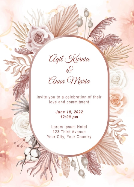 Elegant boho engagement rose watercolor wedding invitation template