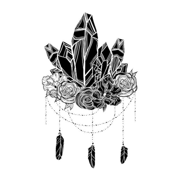 Elegant boho illustration with roses crystals and feathers Romantic dreamcatcher print