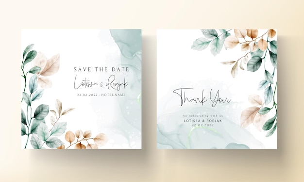 Elegant boho watercolor leaves invitation card template