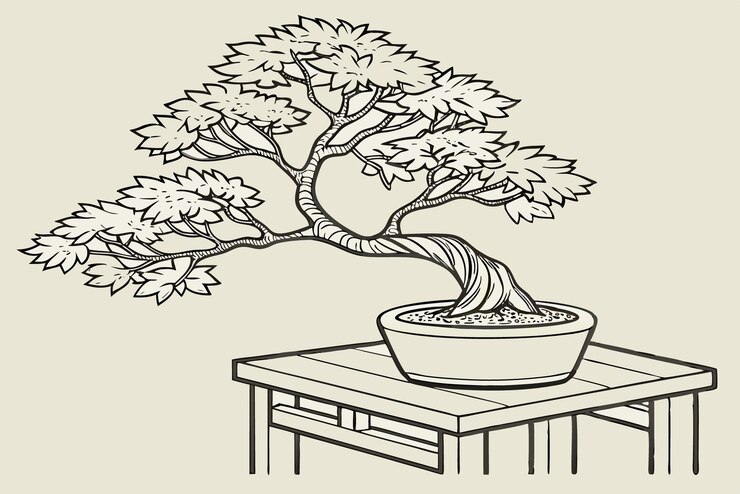 Vector elegant bonsai tree on a wooden table