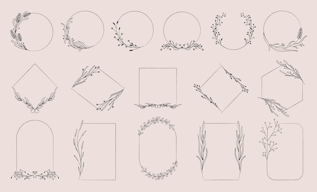 Vector elegant botanical frames minimalist floral wreath with leaves and flowers decorative floral borders for wedding invitation vector set