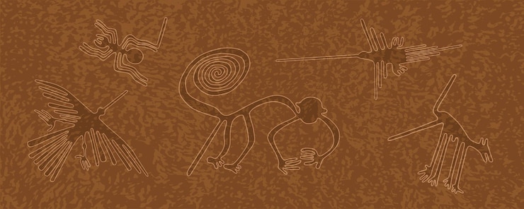 Vector elegant bright background in orangebrown tones with texture and drawings in the style of the nazca plateau lines abstract background with animal contours