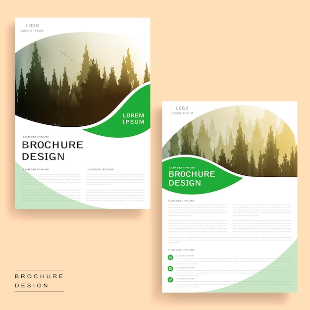 Vettore design elegante modello di brochure con boschi nebbiosi ed elementi geometrici