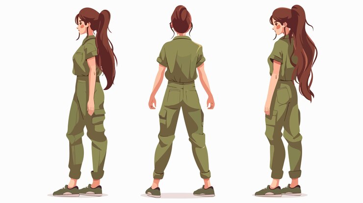 Vector elegant brunette woman standing with back view in fashionable attire