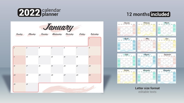 エレガントなブラシ2022月間カレンダープランナー印刷可能