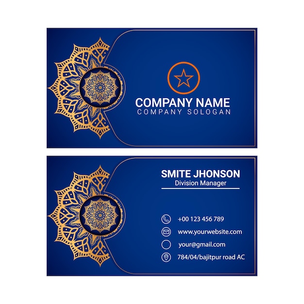 elegant business card design with gold mandala and corporate branding