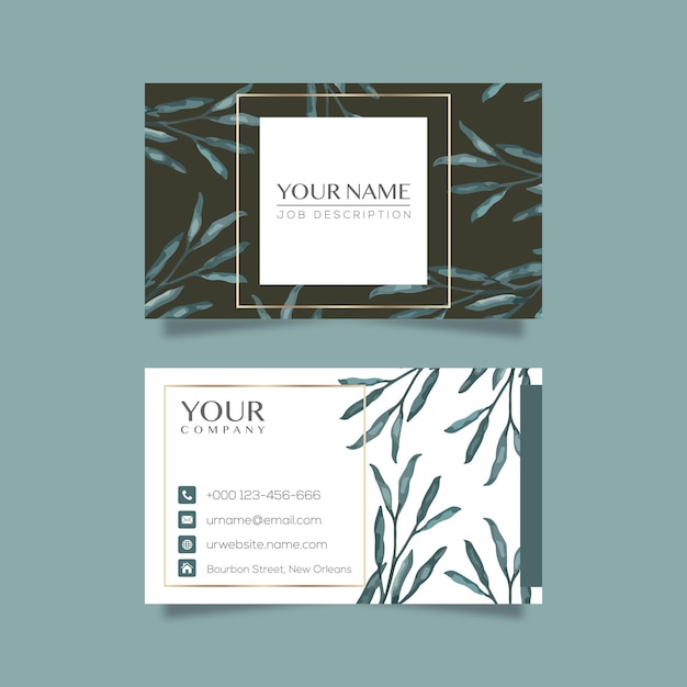 Elegant business card template with flowers in watercolor