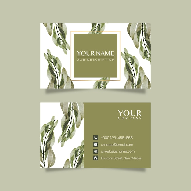 Vector elegant business card template with flowers in watercolor