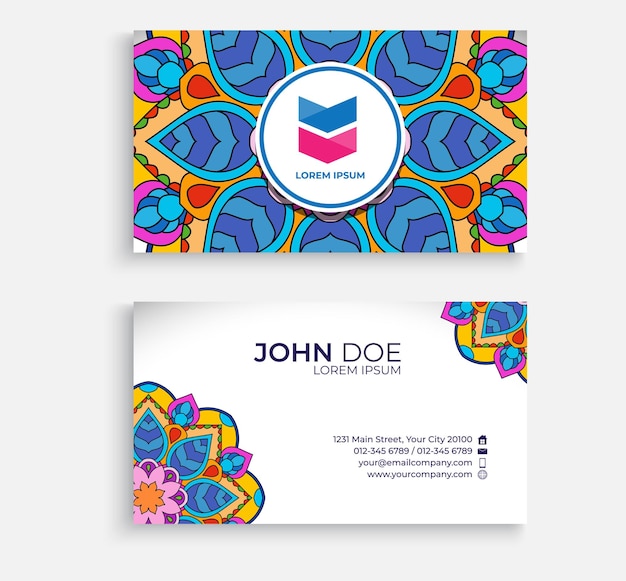 Elegant business card with colorful floral mandala elements