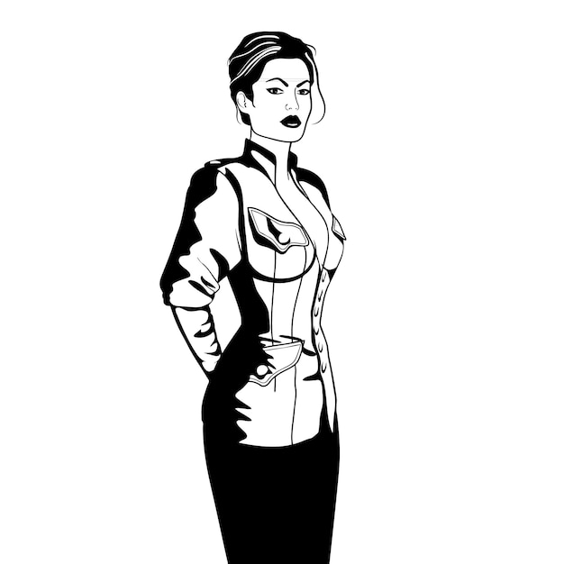 Elegante donna d'affari in giacca stile militare isolata in bianco e nero schizzo vettoriale illustrtion insegnante rigoroso in suite