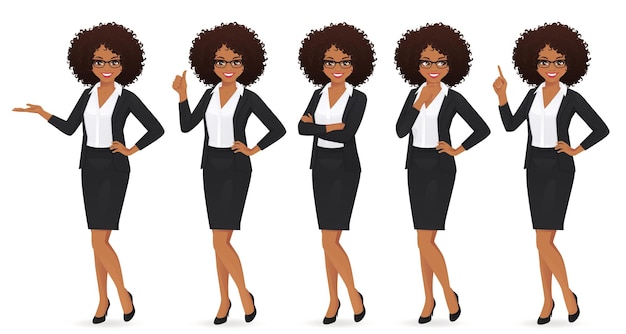 Vector elegant business woman with afro hairstyle in different poses isolated vector