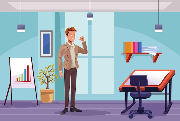 Vector elegant businessman worker in the workplace scene  illustration