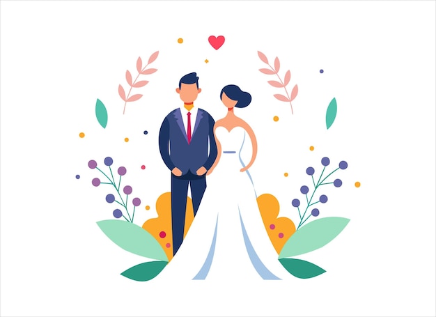 花の背景のエレガントな漫画の結婚式のカップルイラスト