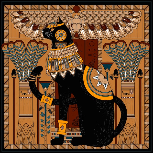 Vector elegant cat coloring page design in egypt style