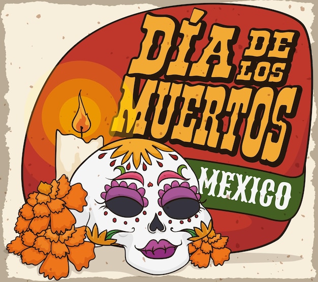 Elegant catrina ready to use in Mexican tradition of Dia de Muertos in Spanish in flat style