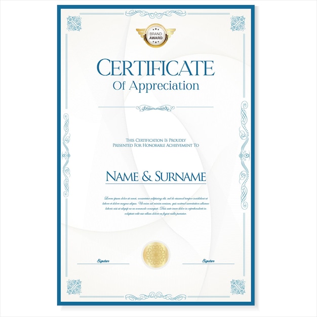 Elegante certificato o diploma design blu vintage retrò