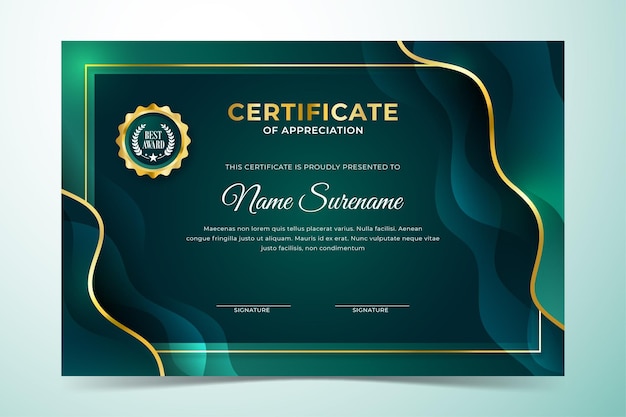 Elegante modello di certificato con sfondo sfumato verde ondulato