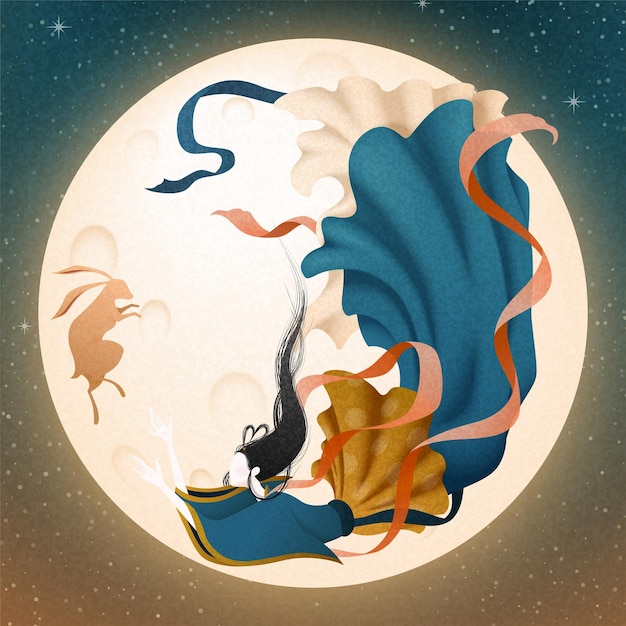 Vector elegant chang'e and jade rabbit flying upon the sky with full moon, mid autumn festival illustration