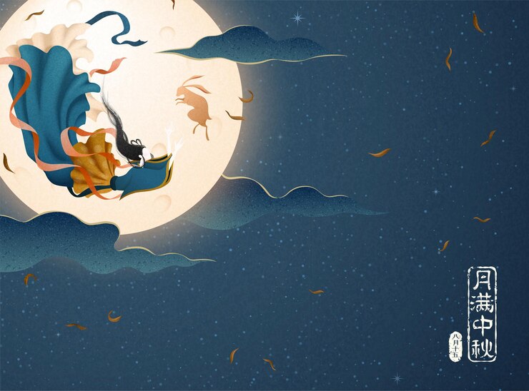 Vector elegant change and jade rabbit flying upon the sky with full moon